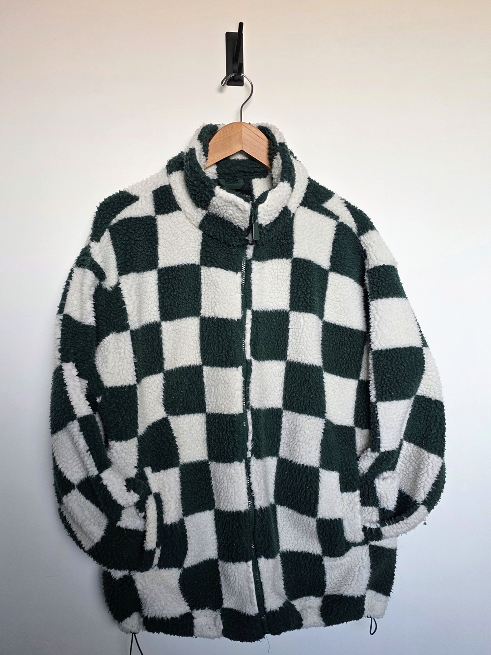 Silver Jeans Checkerboard Sherpa Jacket in Dark Green & White